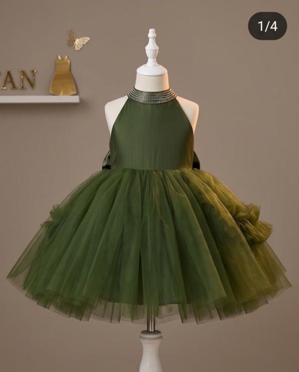 Olive Green Tulle Ball Gown–Knee-Length