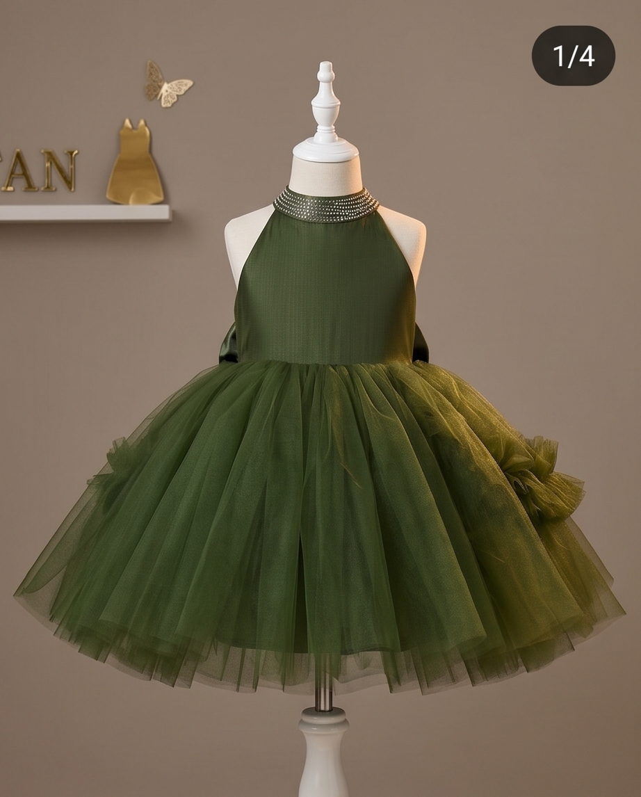 Olive Green Tulle Ball Gown–Knee-Length