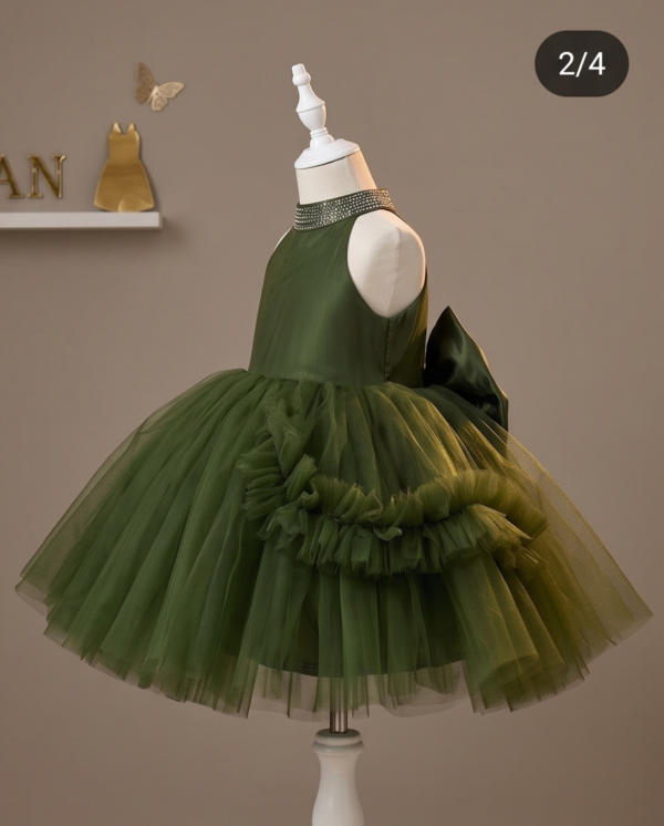 Olive Green Tulle Ball Gown–Knee-Length