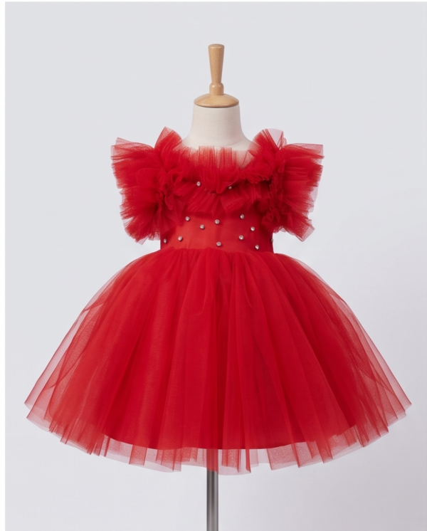 Red Ruffle Tulle Pearl Ball Gown – Knee-Length