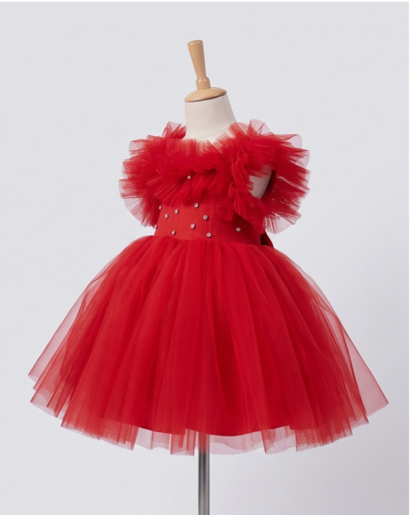 Red Ruffle Tulle Pearl Ball Gown – Knee-Length