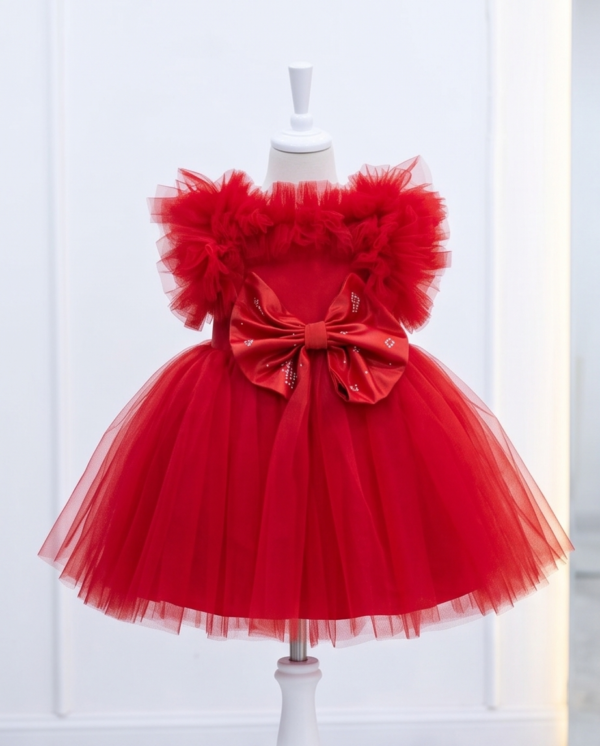Red Ruffle Tulle Pearl Ball Gown – Knee-Length
