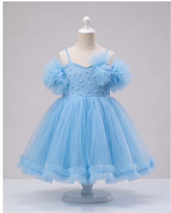 Sky Blue Pearl-Embellished Tulle Ball Gown–Knee-Length