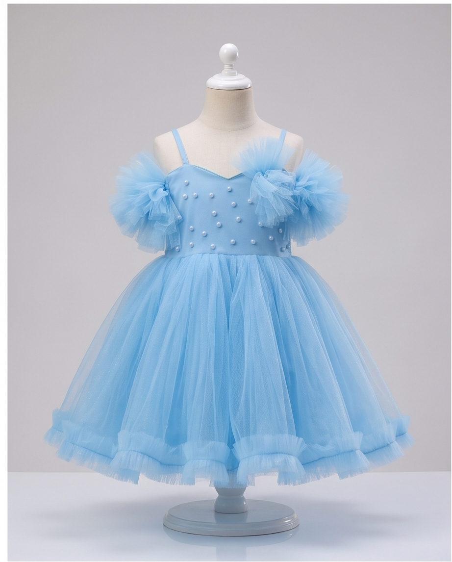 Sky Blue Pearl-Embellished Tulle Ball Gown–Knee-Length