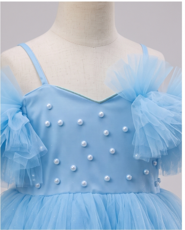 Sky Blue Pearl-Embellished Tulle Ball Gown–Knee-Length