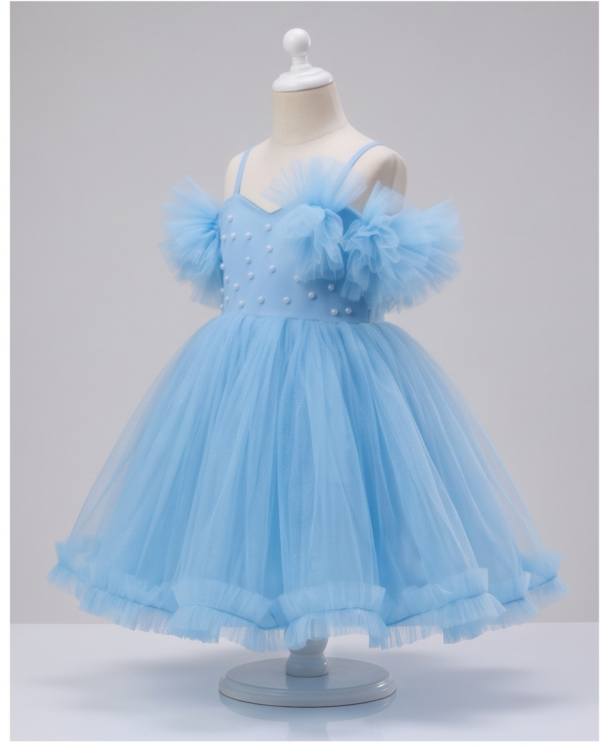 Sky Blue Pearl-Embellished Tulle Ball Gown–Knee-Length