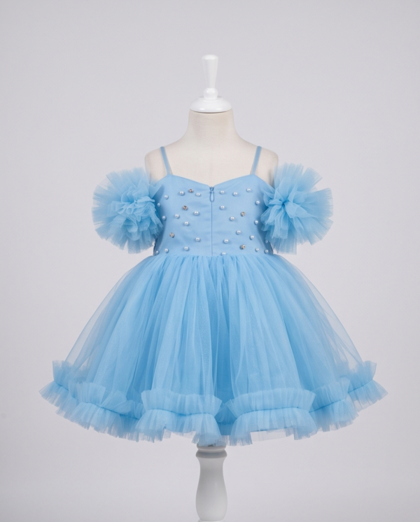 Sky Blue Pearl-Embellished Tulle Ball Gown–Knee-Length