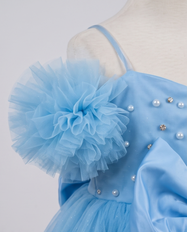 Sky Blue Pearl-Embellished Tulle Ball Gown–Knee-Length