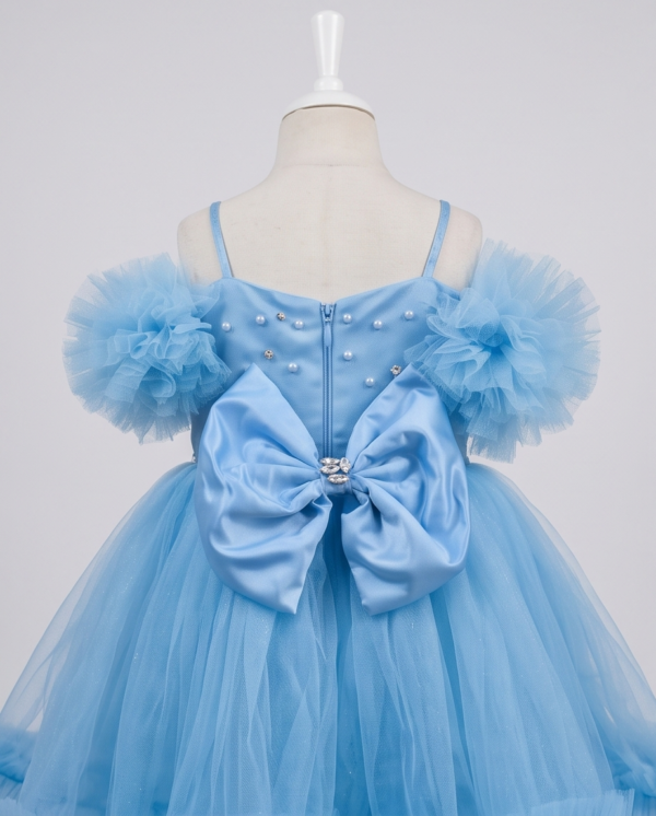Sky Blue Pearl-Embellished Tulle Ball Gown–Knee-Length