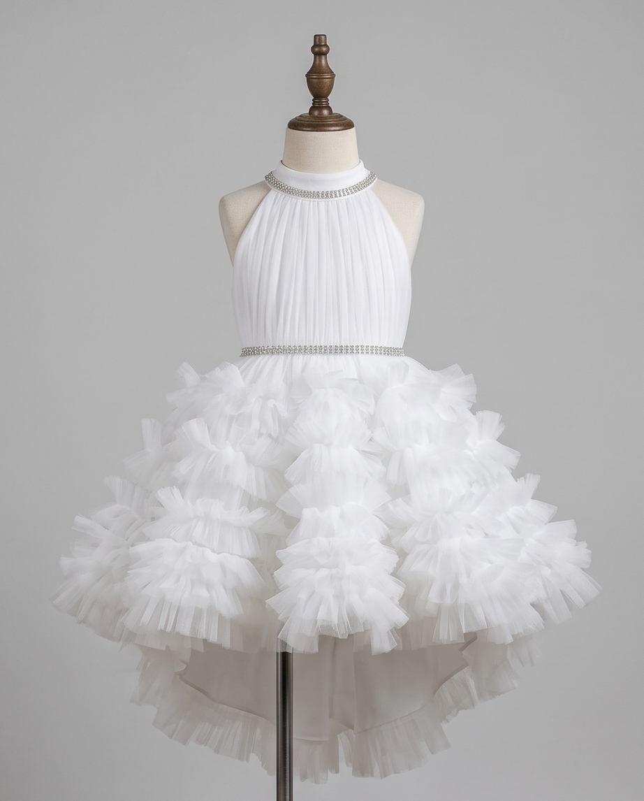 White Ruffle Tulle Halter Neck High and Low Ball Gown – Knee-Length