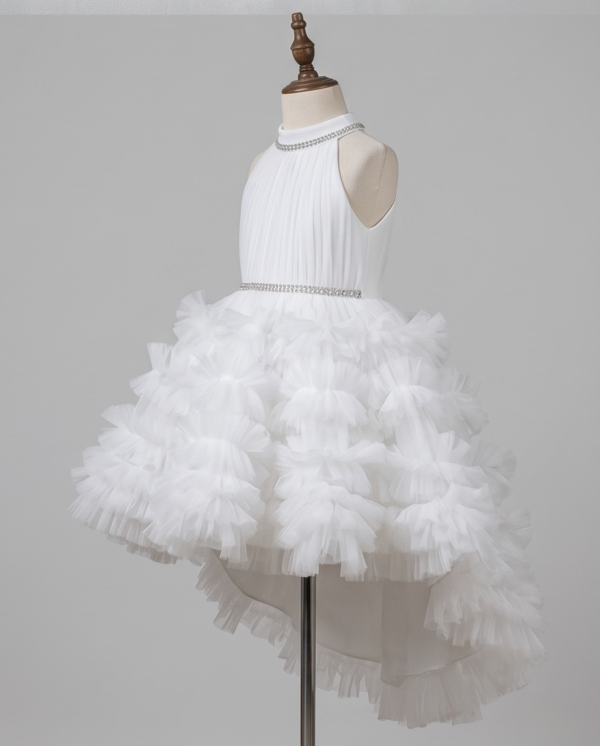 White Ruffle Tulle Halter Neck High and Low Ball Gown – Knee-Length