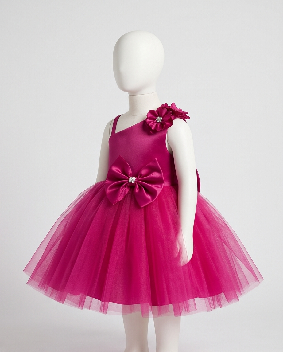 Fuchsia Pink Satin Bow Tulle Ball Gown – Knee-Length