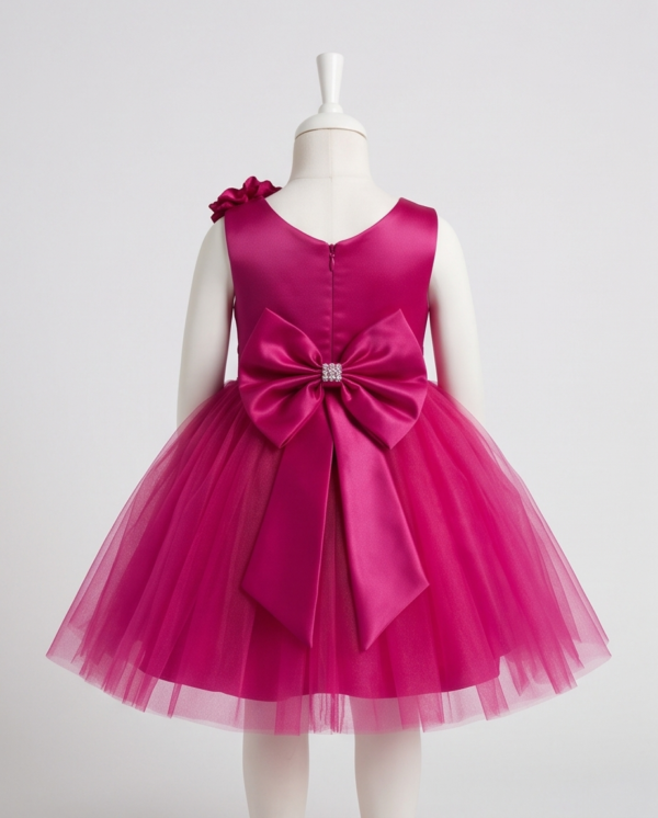 Fuchsia Pink Satin Bow Tulle Ball Gown – Knee-Length
