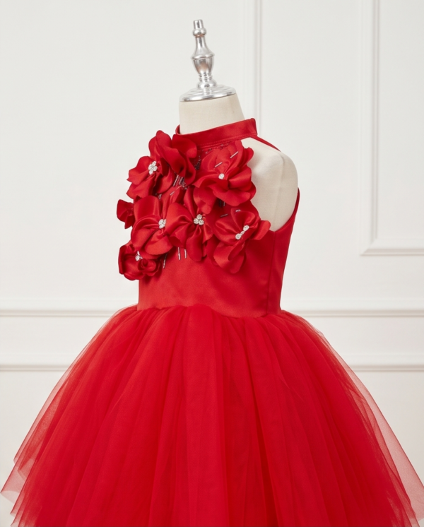 Red Floral Embellished Tulle Ball Gown – Knee-Length