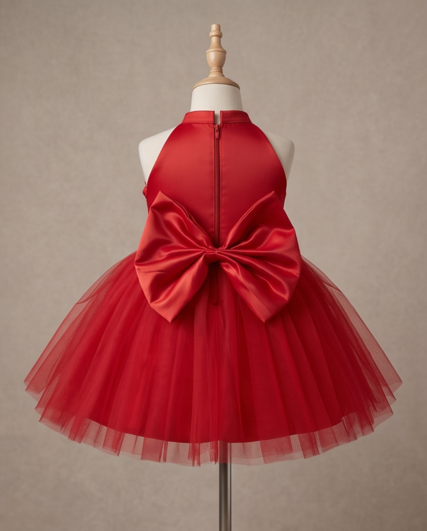 Red Floral Embellished Tulle Ball Gown – Knee-Length