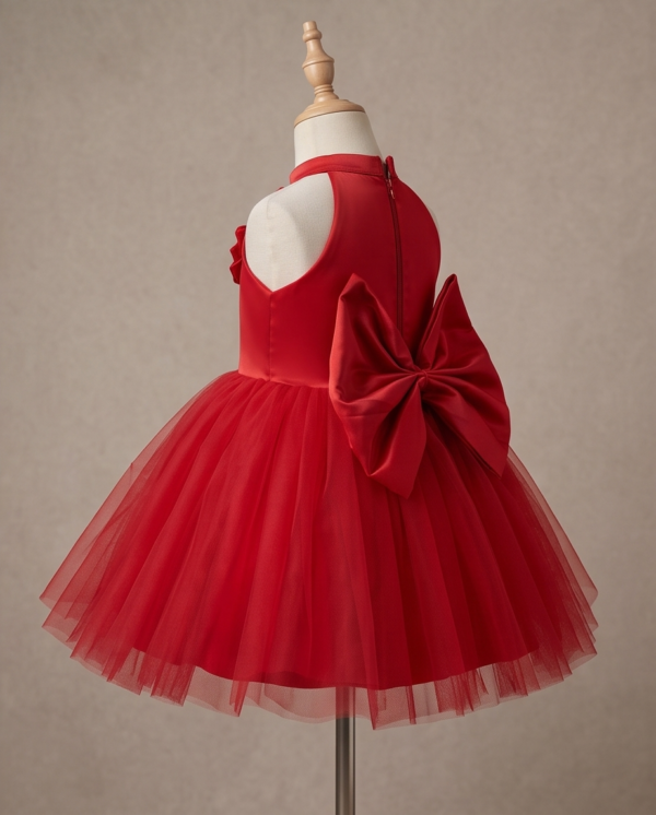 Red Floral Embellished Tulle Ball Gown – Knee-Length