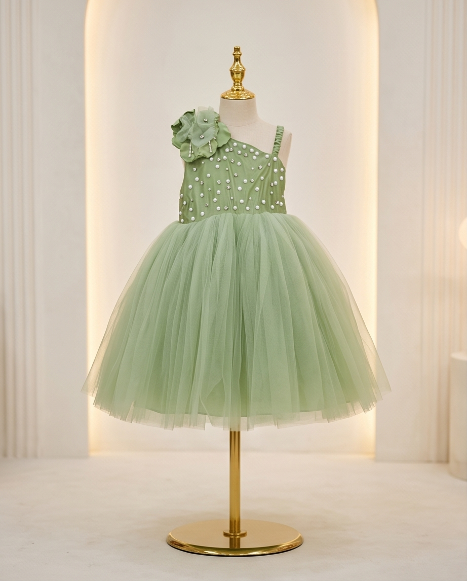 One-shoulder tulle dress with floral-Knee-length Dress