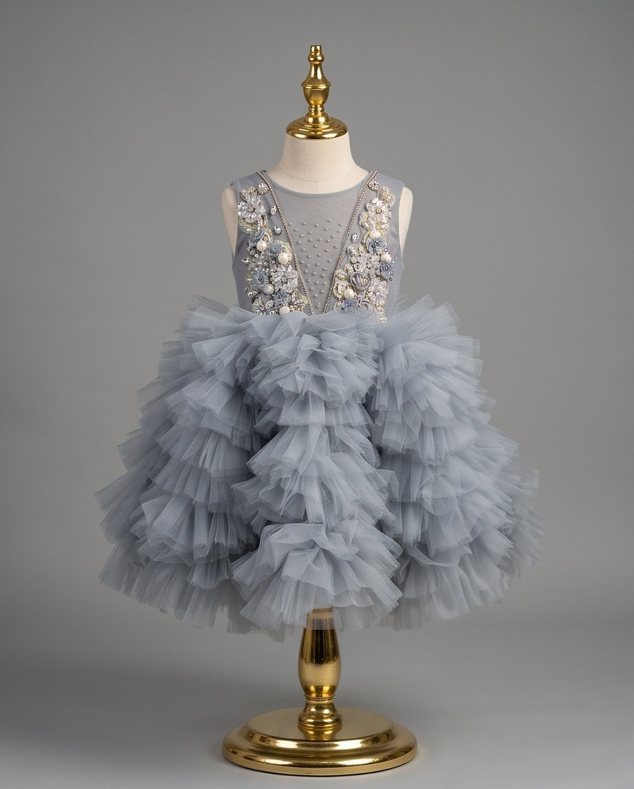 Silver Grey Embellished Ruffle Tulle Ball Gown – Knee-Length