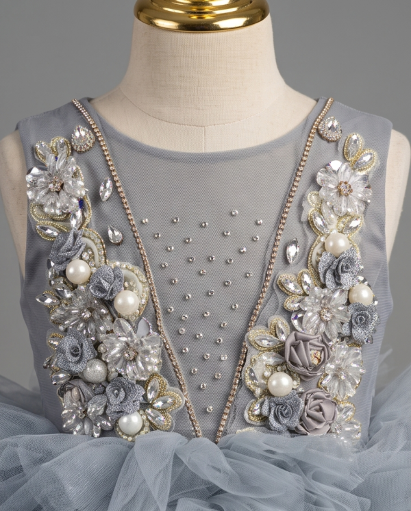 Silver Grey Embellished Ruffle Tulle Ball Gown – Knee-Length