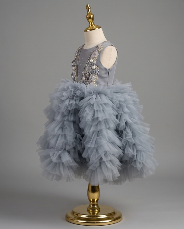 Silver Grey Embellished Ruffle Tulle Ball Gown – Knee-Length