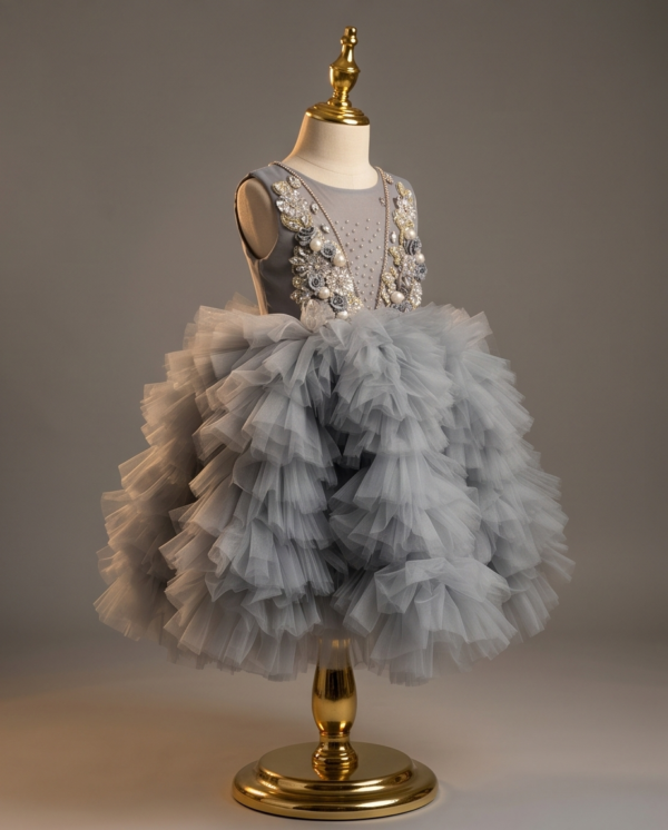 Silver Grey Embellished Ruffle Tulle Ball Gown – Knee-Length