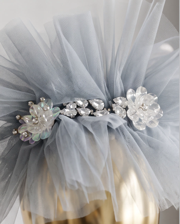 Silver Grey Embellished Ruffle Tulle Ball Gown – Knee-Length